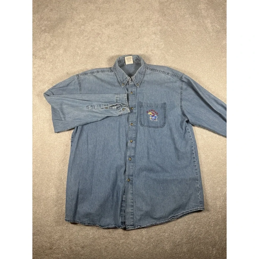 Kansas Jayhawks Shirt Mens L Blue Denim‎ Button Up Embroidered NCAA College